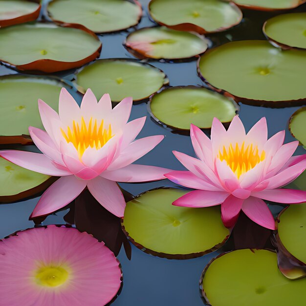 Photo two pink water lilies with the yellow center and the yellow top