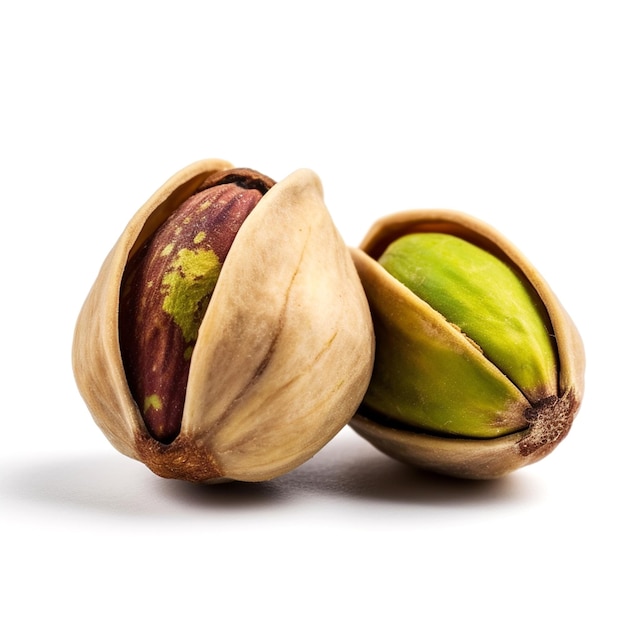 Two pistachios are sitting together on a white background.