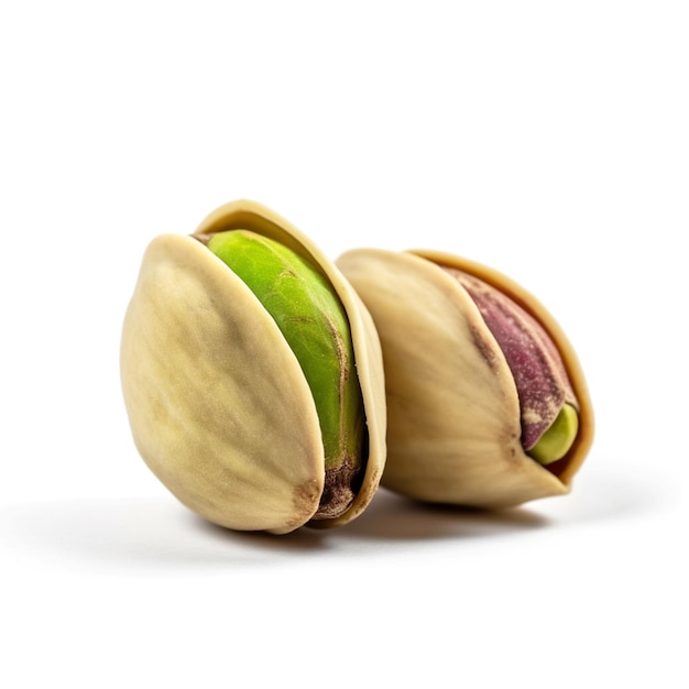 Two pistachios are sitting together on a white background.