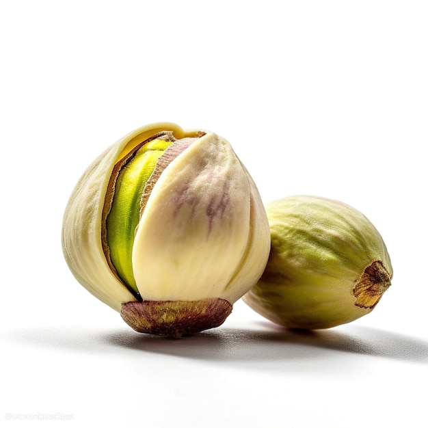 Two pistachios are sitting on a white background.