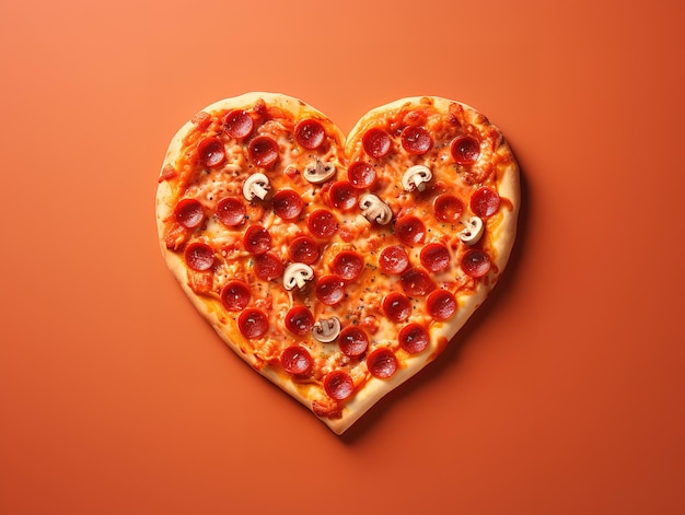 Photo two pizza in the form of a heart on a beige table with a red heart