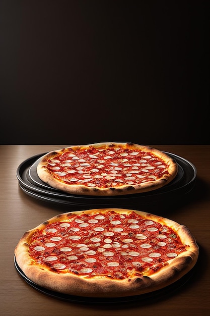 Two pizzas on a table with one being sliced with pepperoni