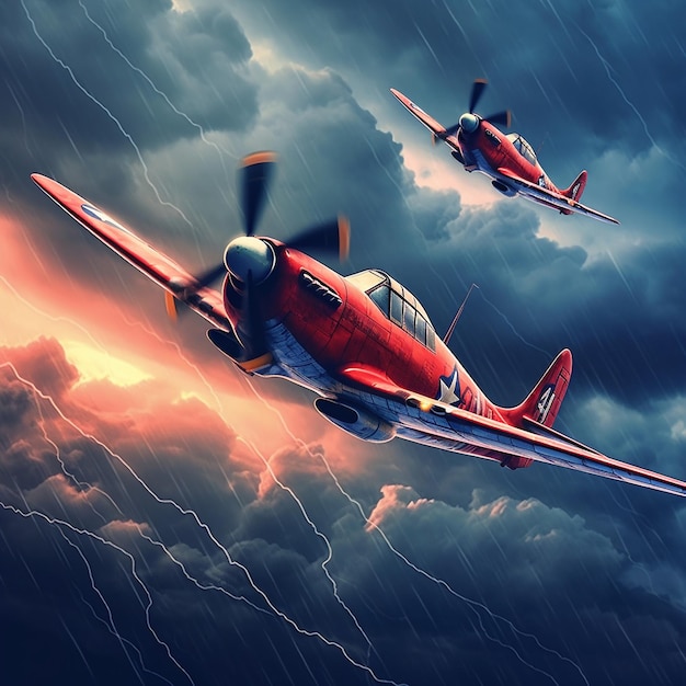 two planes flying in the sky with lightning in the background