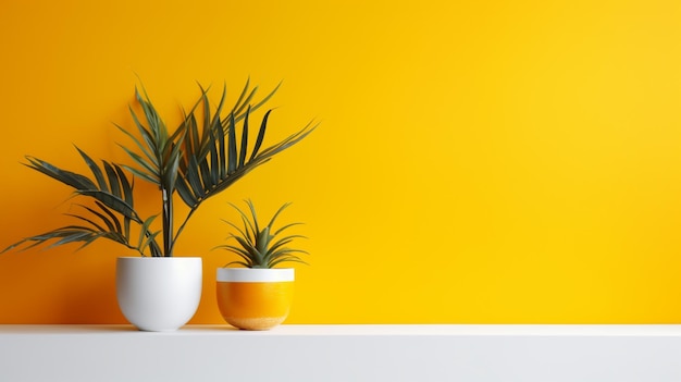 Two plants on a shelf with a yellow background