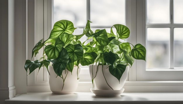 two plants in white pots sit on a windowsill