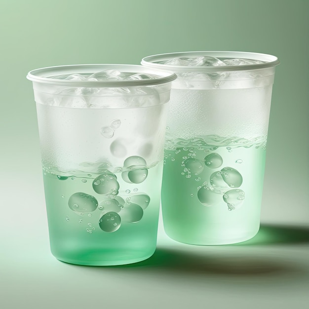 Two plastic cups with green liquid in them