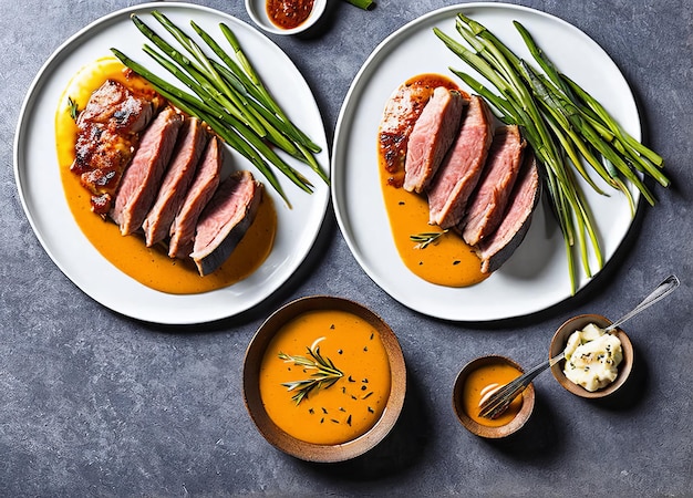 Two plates of food with a sauce on top and a bowl of green onions on the side.