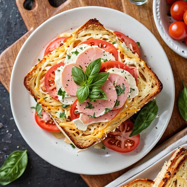 two plates of spaghetti and tomato slices with basil on top