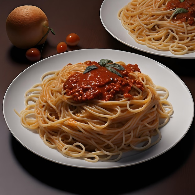 Two plates of spaghetti with one that has the word spaghetti on it