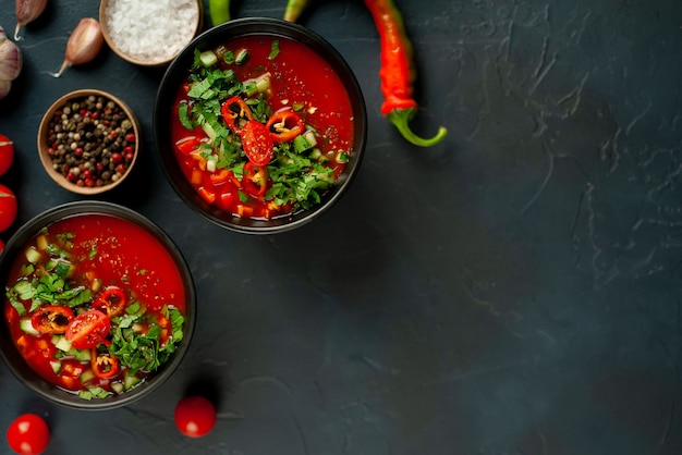 Two plates of traditional spanish cold tomato gazpacho soup on concrete background