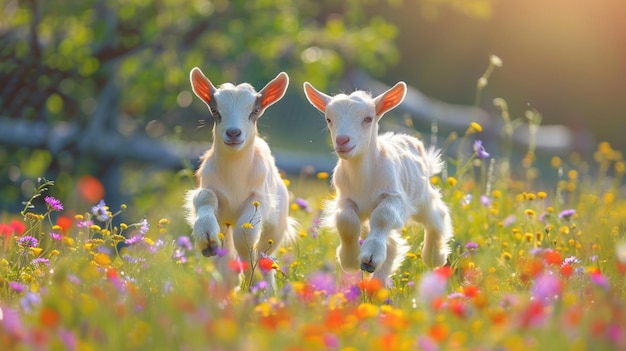 Photo two playful baby goats frolicking in a sunny spring meadow filled with wildflowers