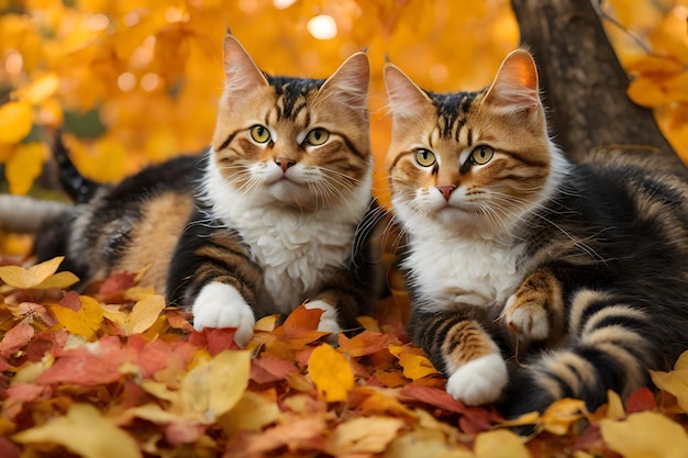 two playful cats in a vibrant autumn setting surrounded by a colorful carpet of fallen leaves