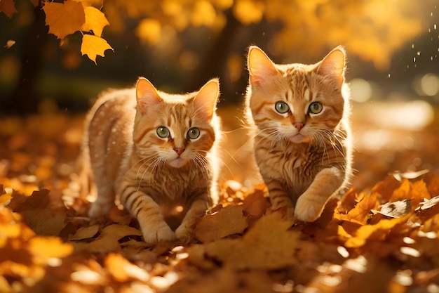 Two playful cats in a vibrant autumn setting surrounded by a colorful carpet of fallen leaves