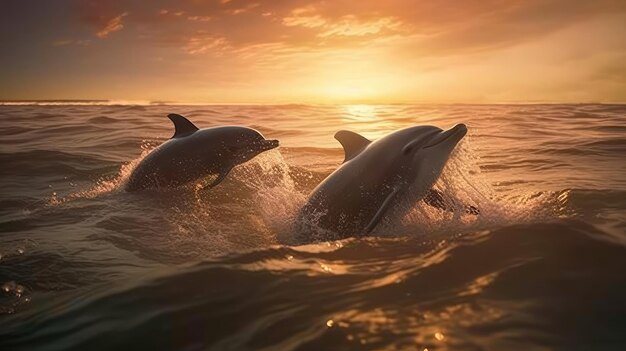 Foto due delfini giocosi che si divertono nel mare del tramonto fiammeggiante