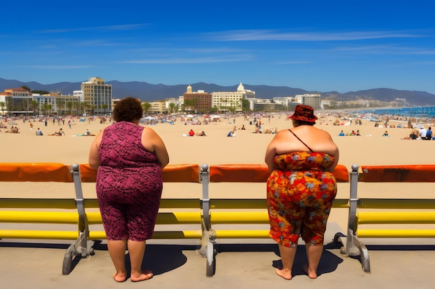 Two plus size overweight sisters twins women happy and proud of their bodies walking at the beach on summer holidays Neural network AI generated