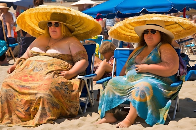 Two plus size overweight sisters twins women happy and proud of their bodies walking at the beach on summer holidays Neural network AI generated