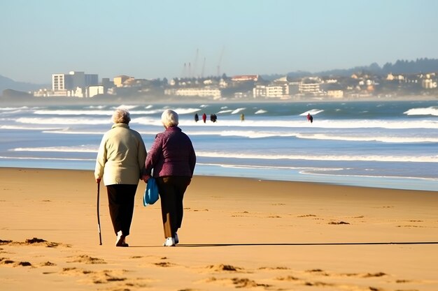 2 人のプラスサイズの太りすぎの姉妹の双子の女性は、夏休みにビーチを歩いて幸せで自分の体を誇りに思っています AI が生成したニューラル ネットワーク