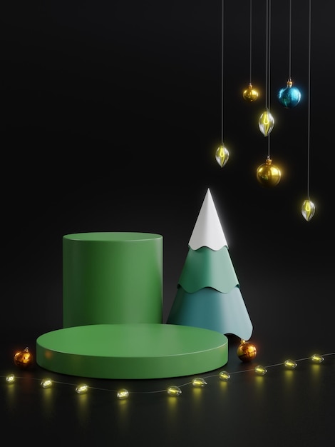 Two Podium Stage Show Product Christmas Tree Ball Ornament Lights Hanging Green Dark Background 3D Render