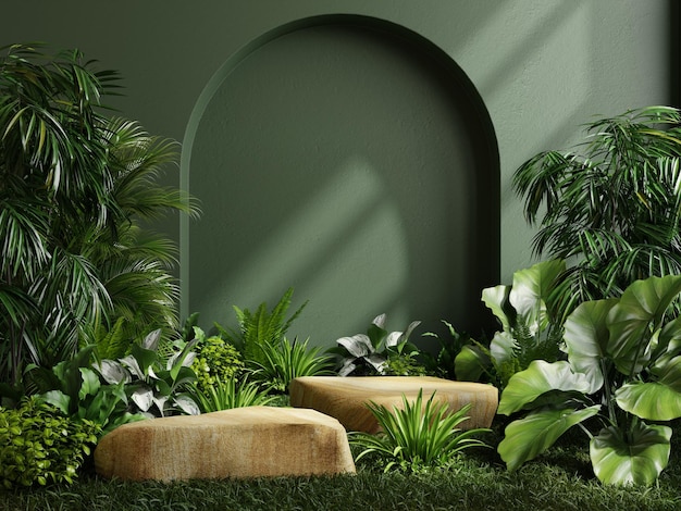 Two podium stone in tropical forest for product presentation and green wall