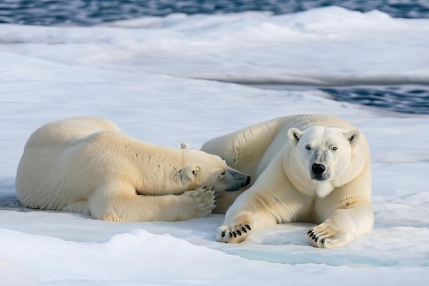 Two polar bears are laying on ice, one of which is white and the other is white.