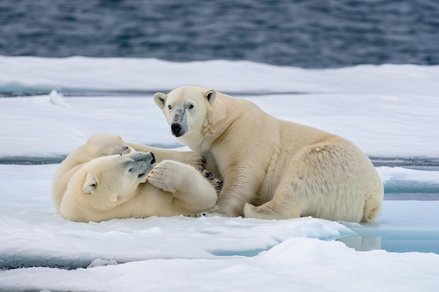 Two polar bears are playing on ice in the arctic.