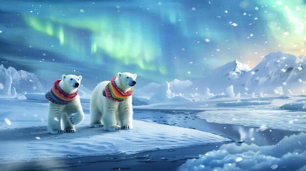 Photo two polar bears are walking on the ice in the arctic they are both wearing colorful scarves