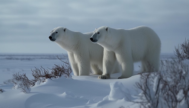 Two polar bears stand in the snow.