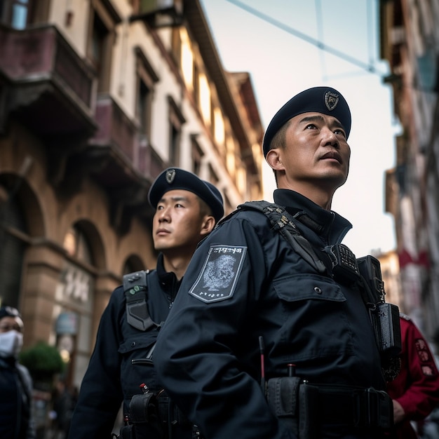 two police officers are standing in the street, one of them is wearing a badge that says " police ".