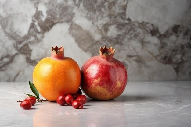 Two pomegranates with persimmon on marble