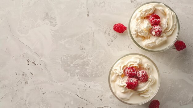 Two portions of fresh natural homemade organic yogurt in a glass jar on a light slate background