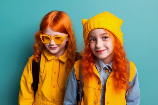 two positive friendly ginger schoolgirls in uniform isolated blue background Generative AI