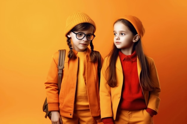 Photo two positive friendly schoolgirls in uniform isolated colorful background generative ai