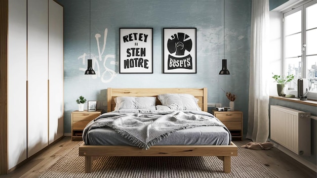 写真 2 つのポスターベッドとベッドサイドキャビネットは,現代的なスカンジナビアのインテリアデザインで壁に付いています.