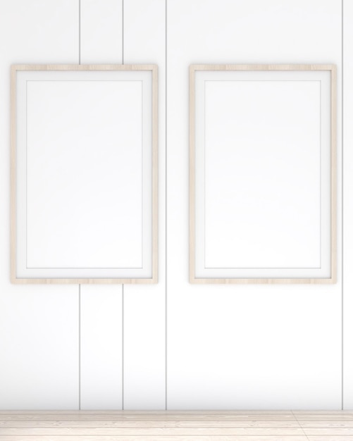 カウンター上の 2 つのポスター フレーム モックアップ豪華なクリーミーな白いリビング ルーム モダンなミニマリストのインテリア デザイン装飾スタイル インテリア デザイン 3 D レンダリング 3 D イラストでアートワーク コンセプト モックアップ