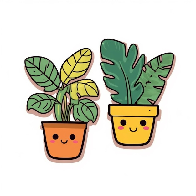 two potted plants with faces drawn on them generative ai