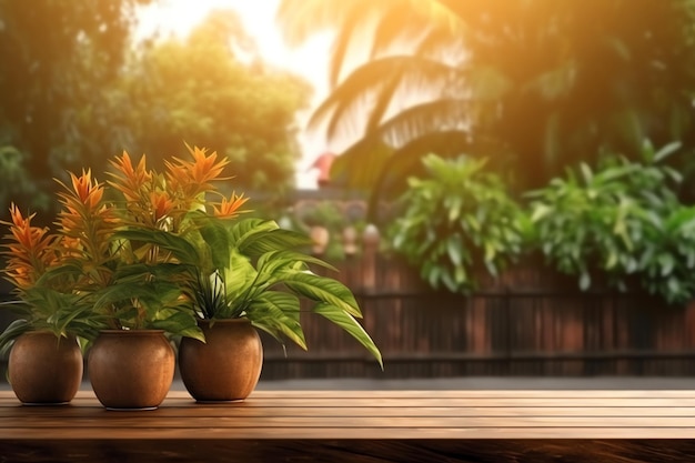 Two potted plants on a wooden table with a tropical background