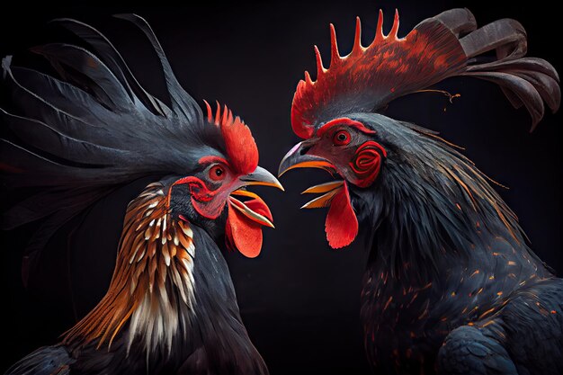 Two powerful roosters peck each other in head at cockfights