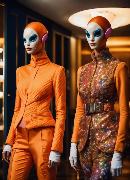 two pretty human looking aliens with orange skin dressed in haute couture in hotel lobby
