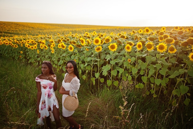 Two pretty young black friends woman wear summer dress pose in a sunflower field.