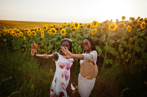 Two pretty young black friends woman wear summer dress pose in a sunflower field.