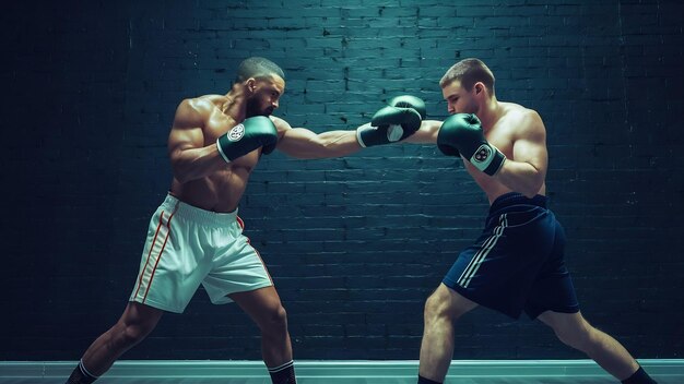 Two professional boxer boxing on black wall