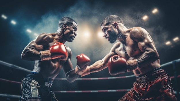 Два профессиональных боксера сражаются на темном ринге.