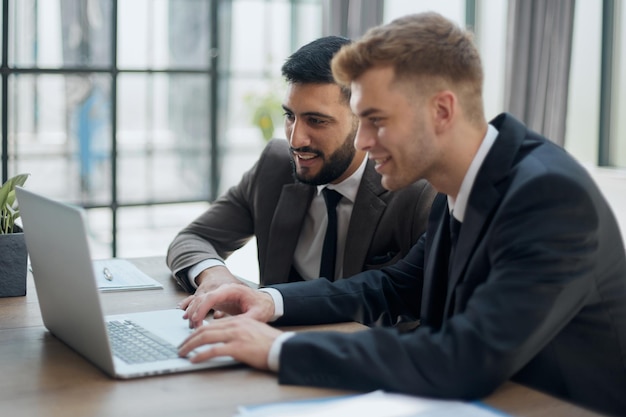 Two professional businessmen discussing and using desktop computer in office