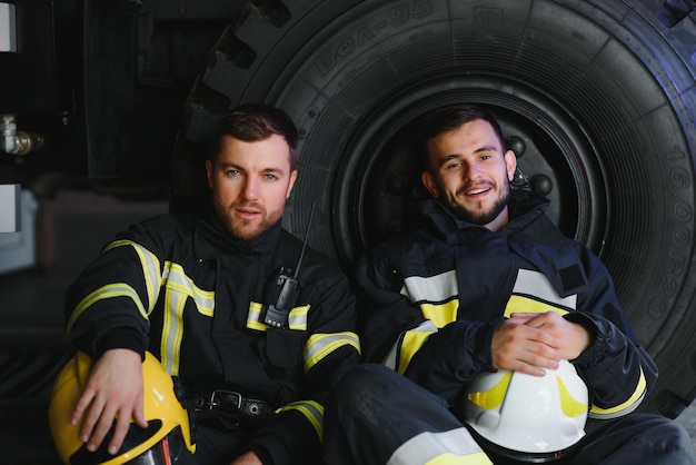 Two professional firefighters with uniforms and protective helmets posing infront of a firetruck