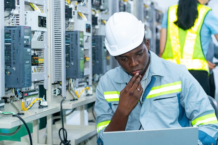 Photo two professional heavy industry employees wearing hard hats at factory checking and discussing work on laptop computer asian quality controller and technician at work