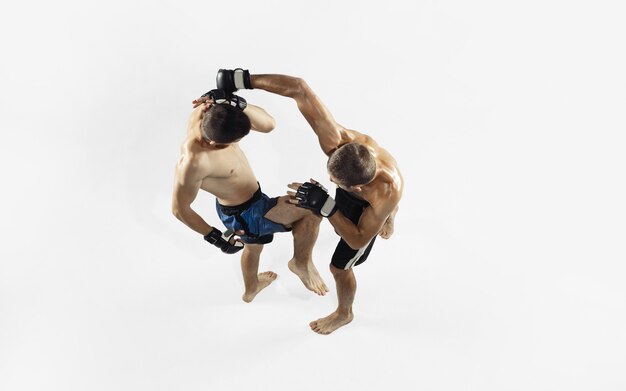 Two professional MMA fighters boxing isolated on white studio wall