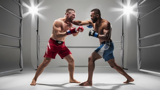 Two professional mma fighters boxing isolated on white studio