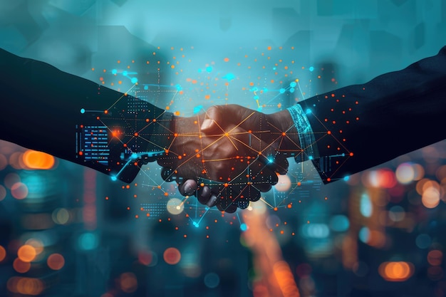 Premium Photo | Two professionals shake hands amid digital graphs and ...