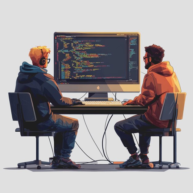 two programmers collaborating on computer programming with colorful code displayed on screen in modern workspace environment