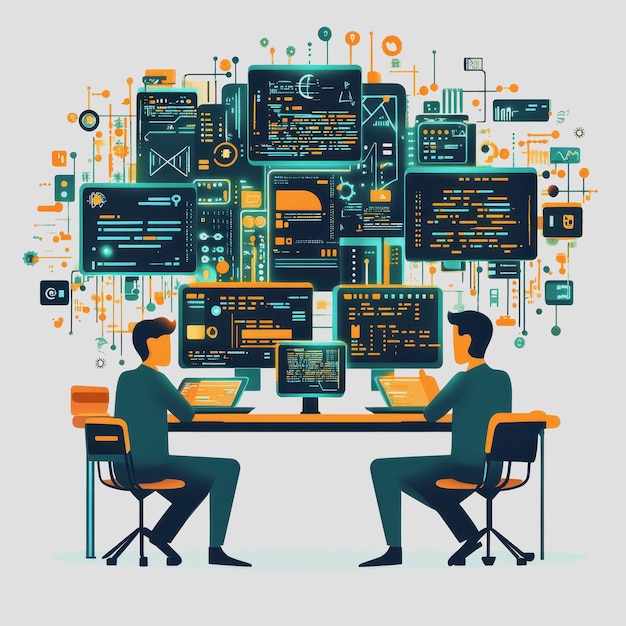 two programmers working collaboratively at a desk surrounded by colorful digital data visualizations and computer screens displaying code